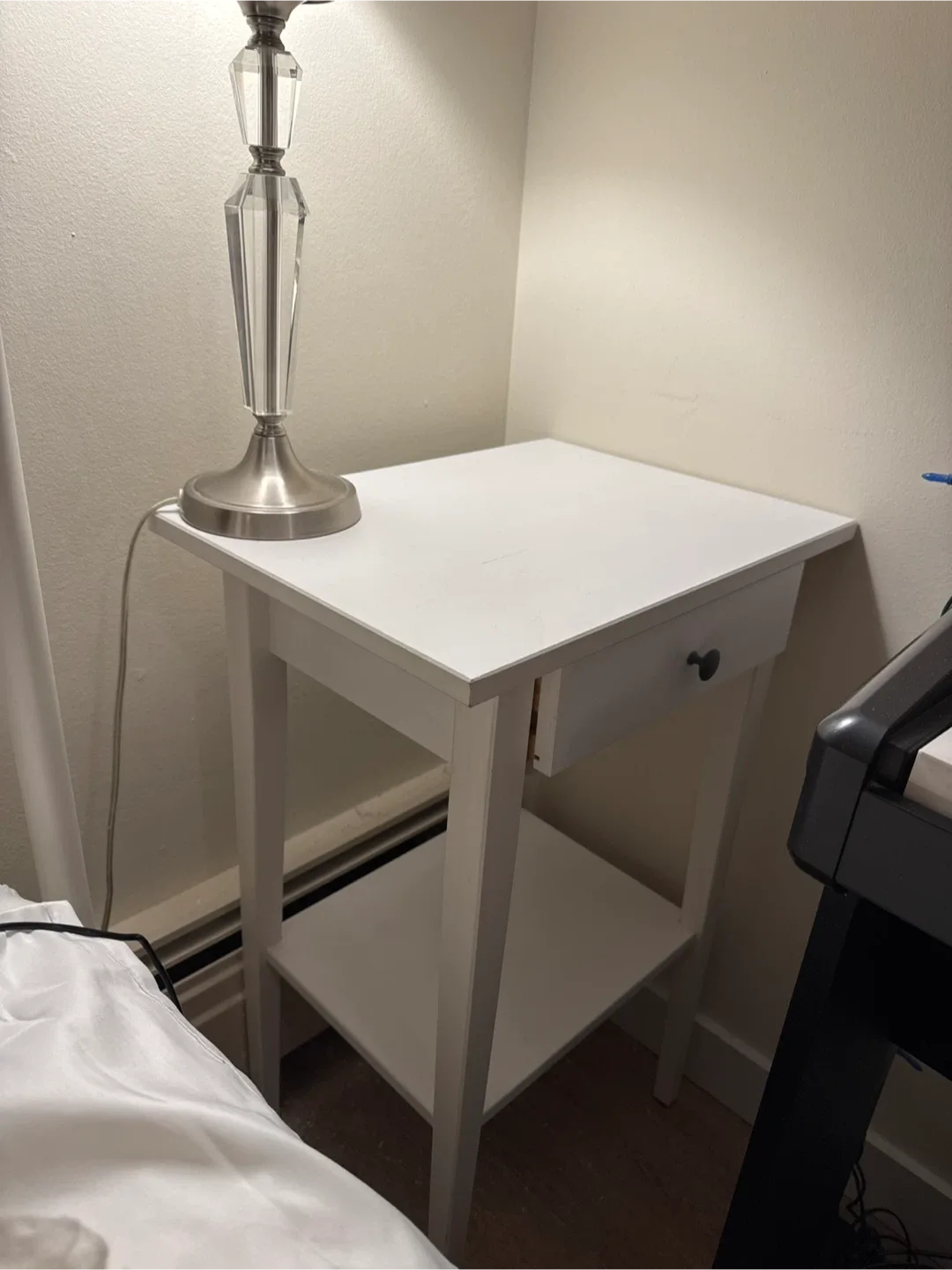 IKEA white bedside table with drawer & shelf