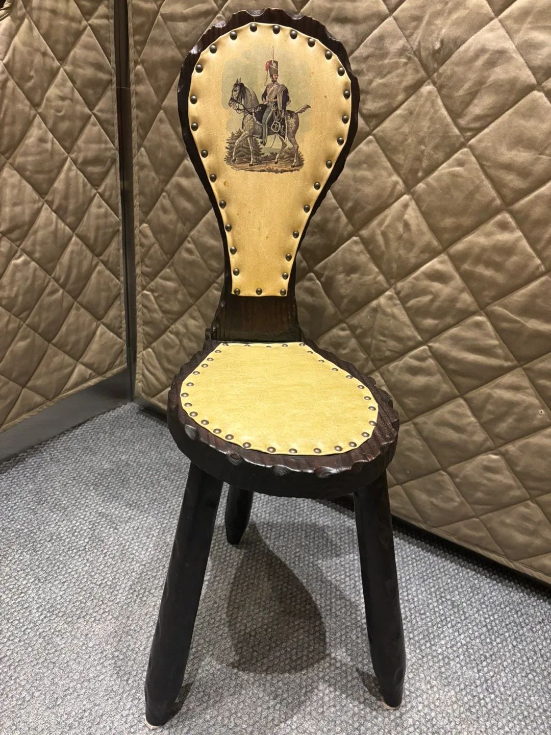 Vintage Wooden Milking Stool with Cavalry Print