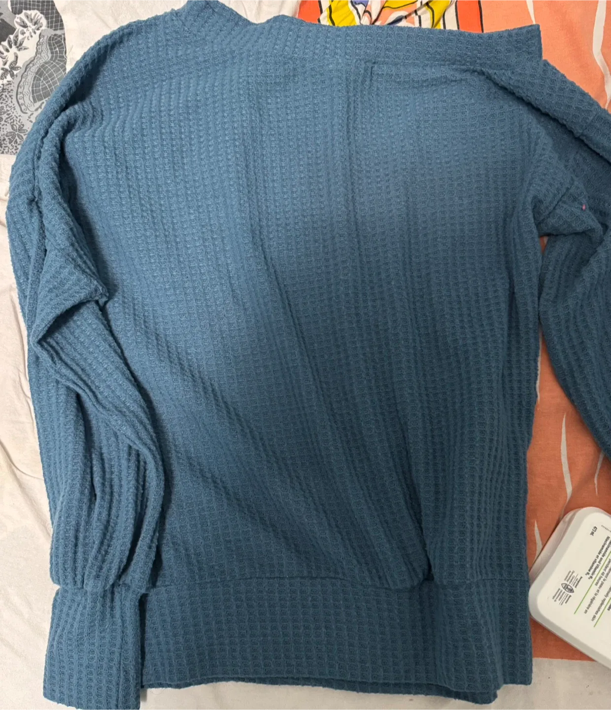 Blue waffle knit long sleeve top