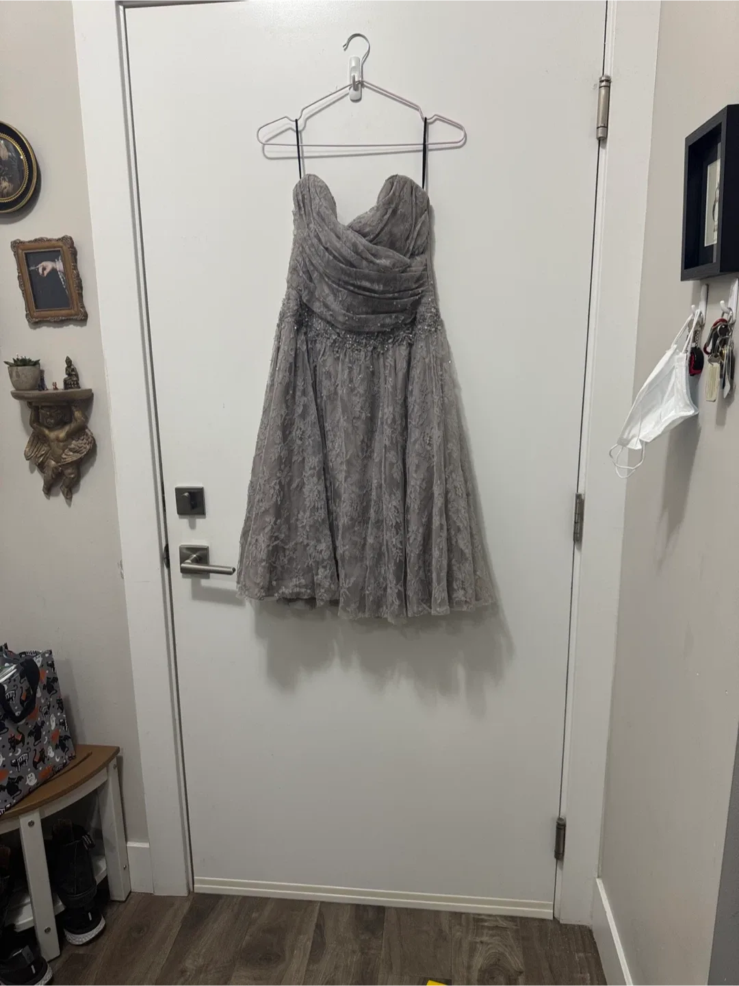 Catherine regehr grey lace & silk strapless dress. Small