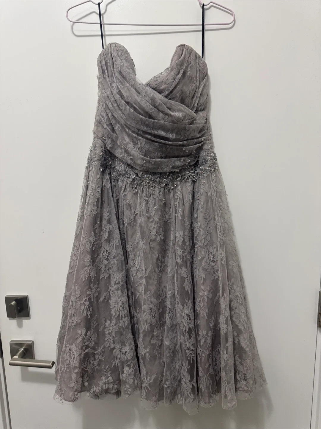 Catherine regehr grey lace & silk strapless dress. Small image indicator(2)