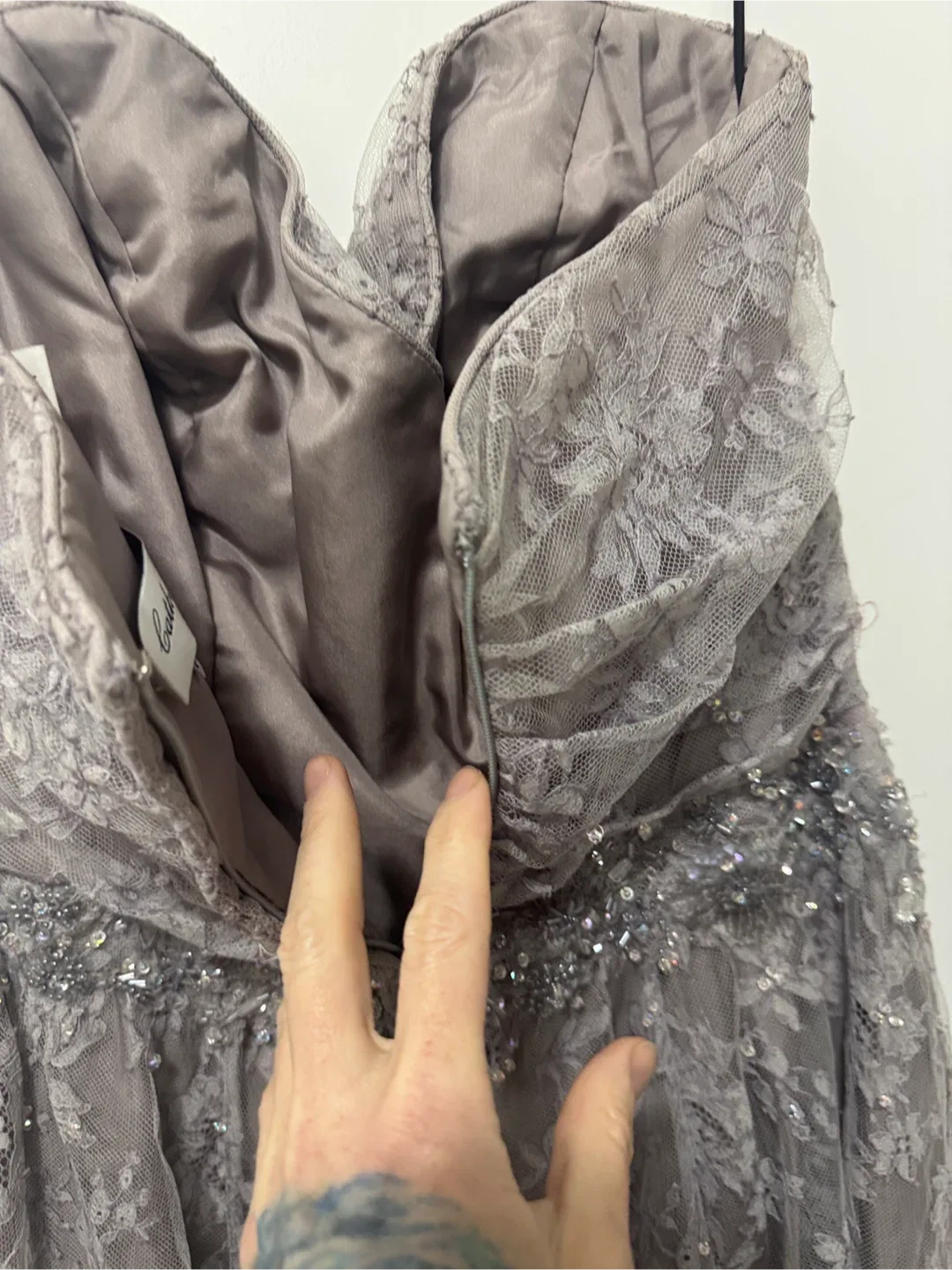 Catherine regehr grey lace & silk strapless dress. Small image indicator(8)