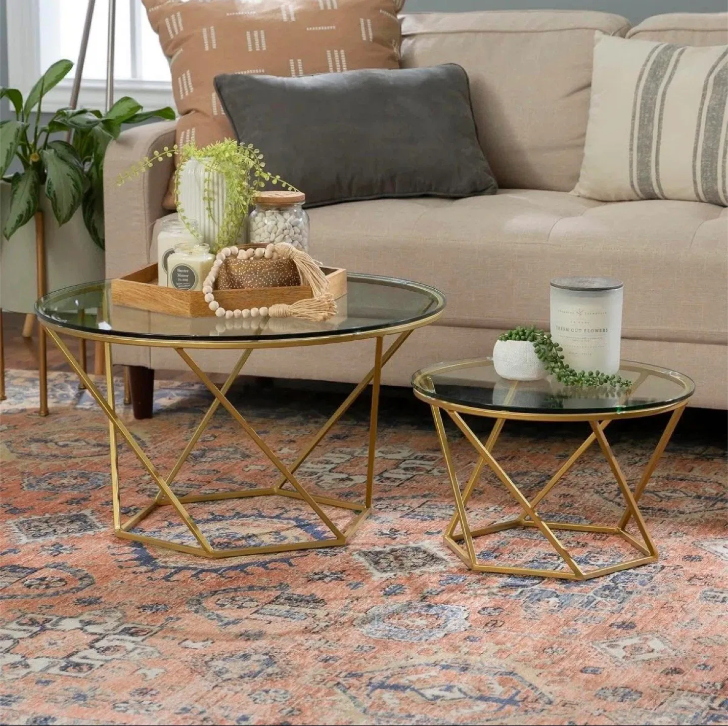 Set of 2 Round Clear Glass Coffee Tables