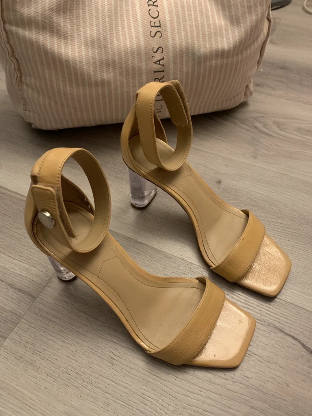 Beige Heels with Clear Block Heel