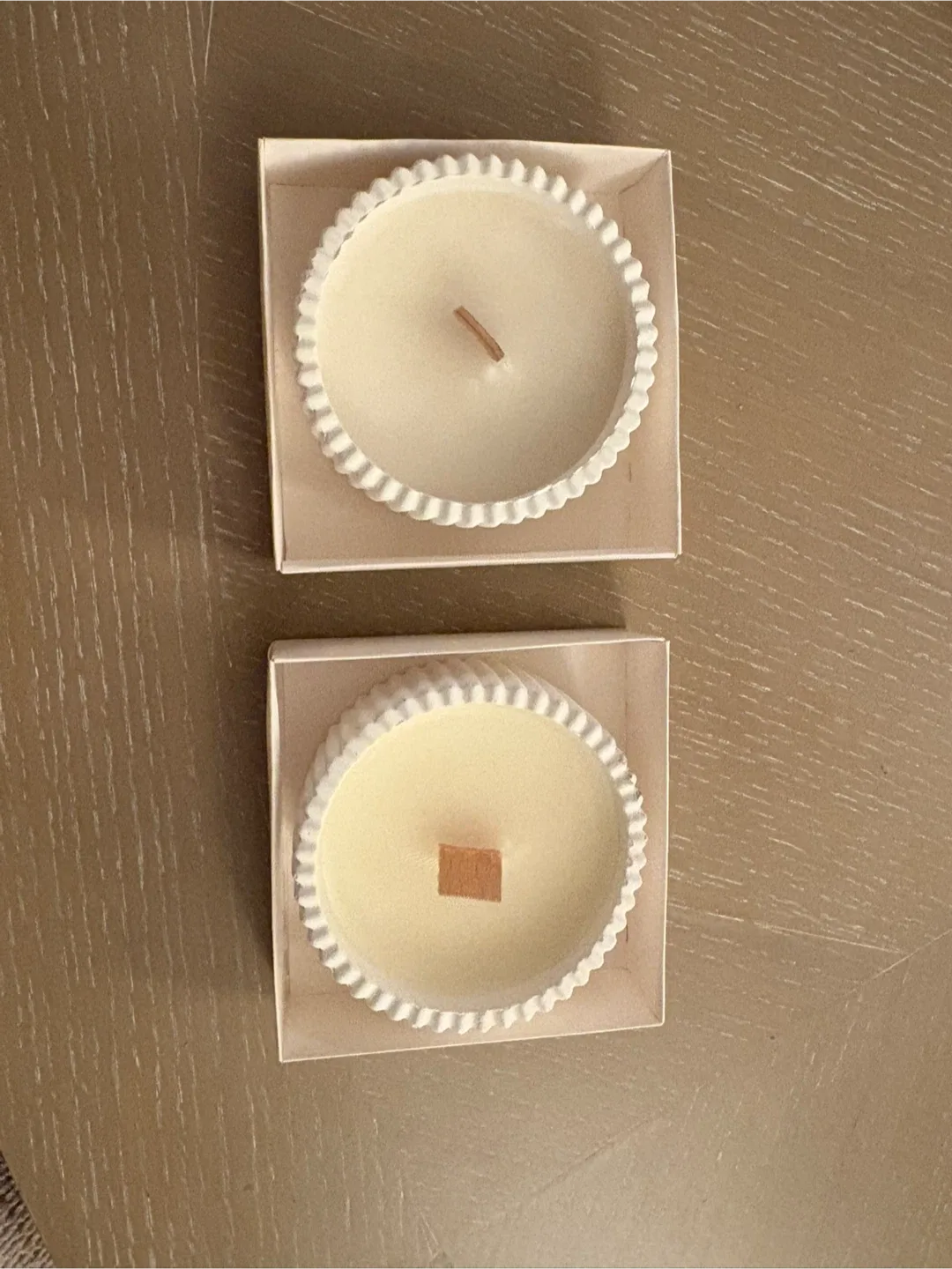 Two Round Candles with Wooden Wicks