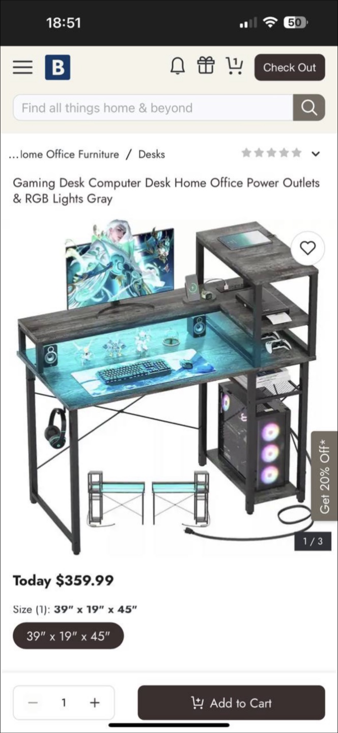 Gaming Desk Computer Desk - 39" x 19" x 45"