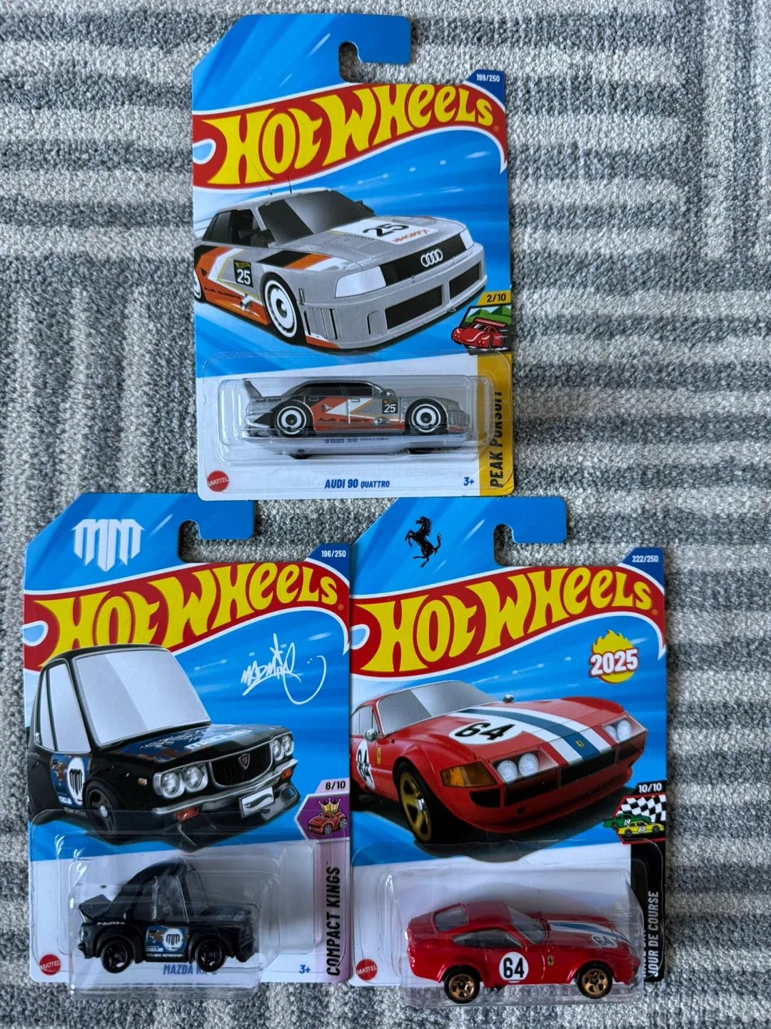 Hot Wheels Audi 90 Quattro, Mazda RX7, Ferrari 2025