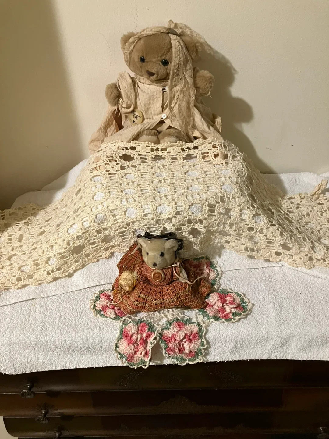 2 Collectible Stuffed Teddy Bears with handmade runner and doily
