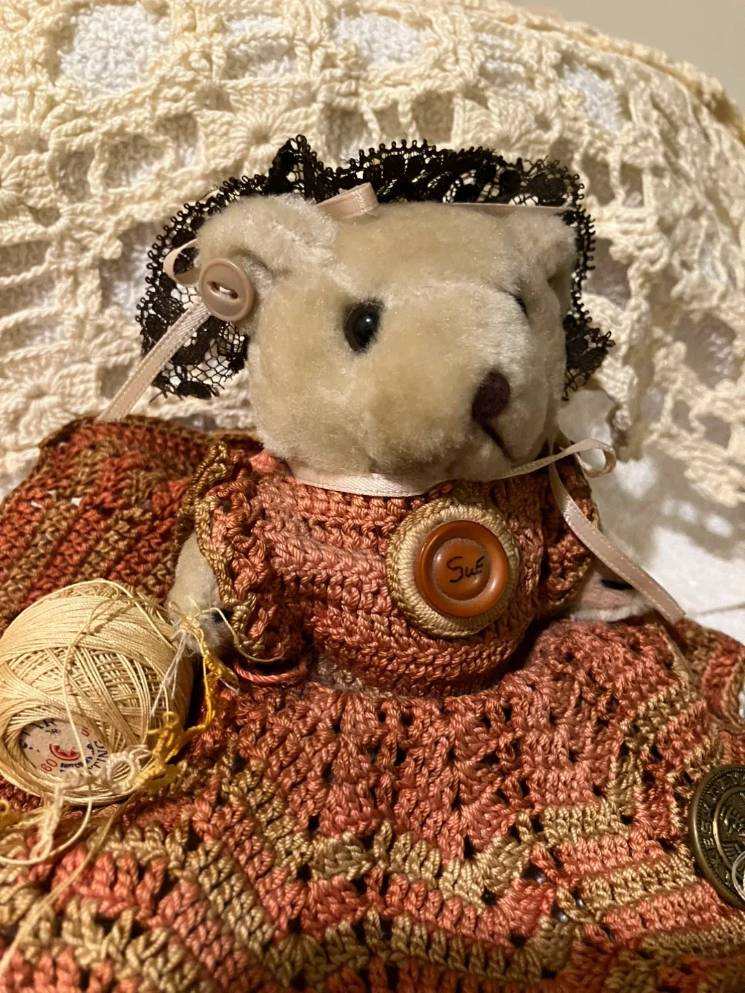 2 Collectible Stuffed Teddy Bears with handmade runner and doily image indicator(5)