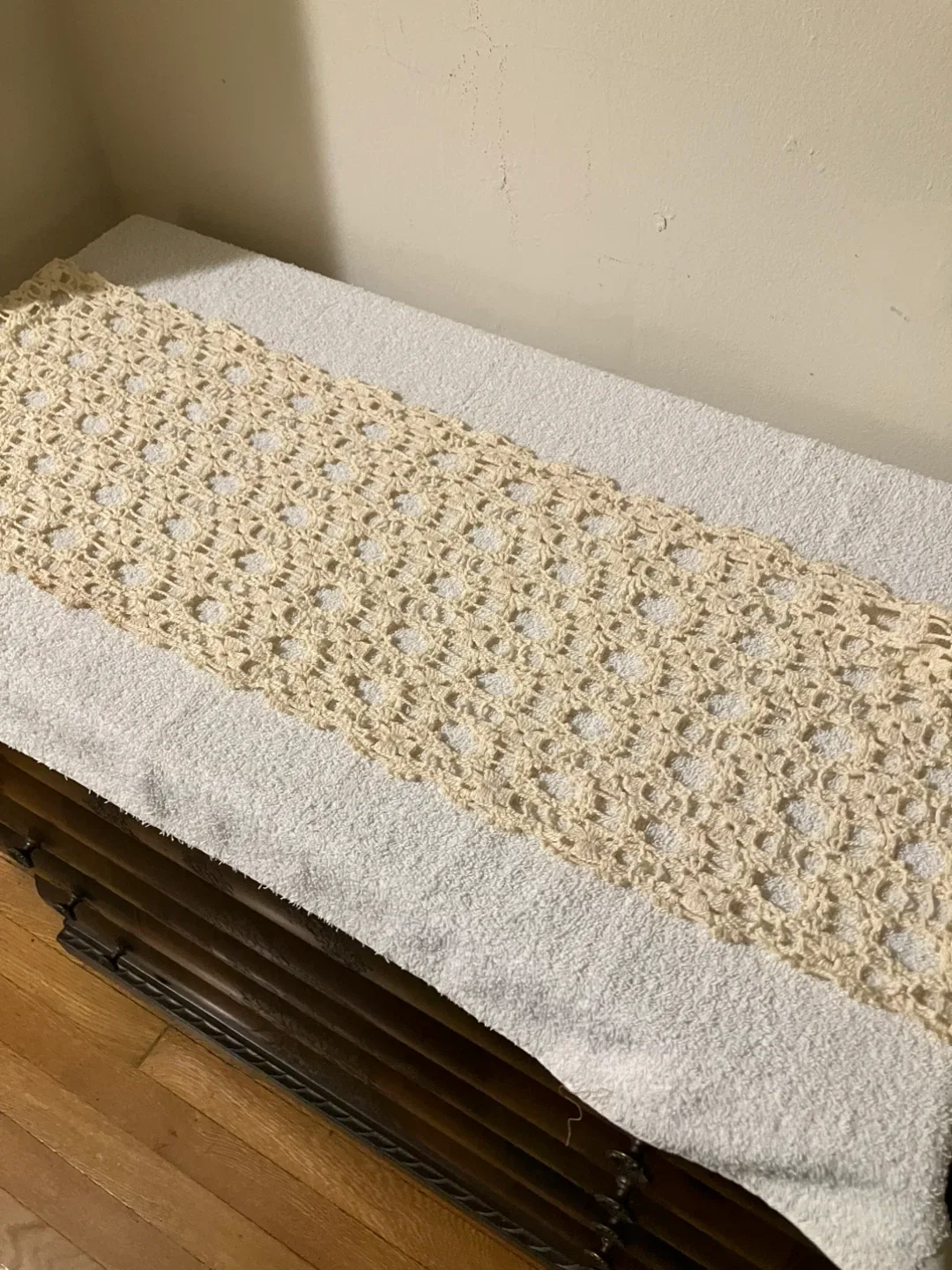 2 Collectible Stuffed Teddy Bears with handmade runner and doily image indicator(6)