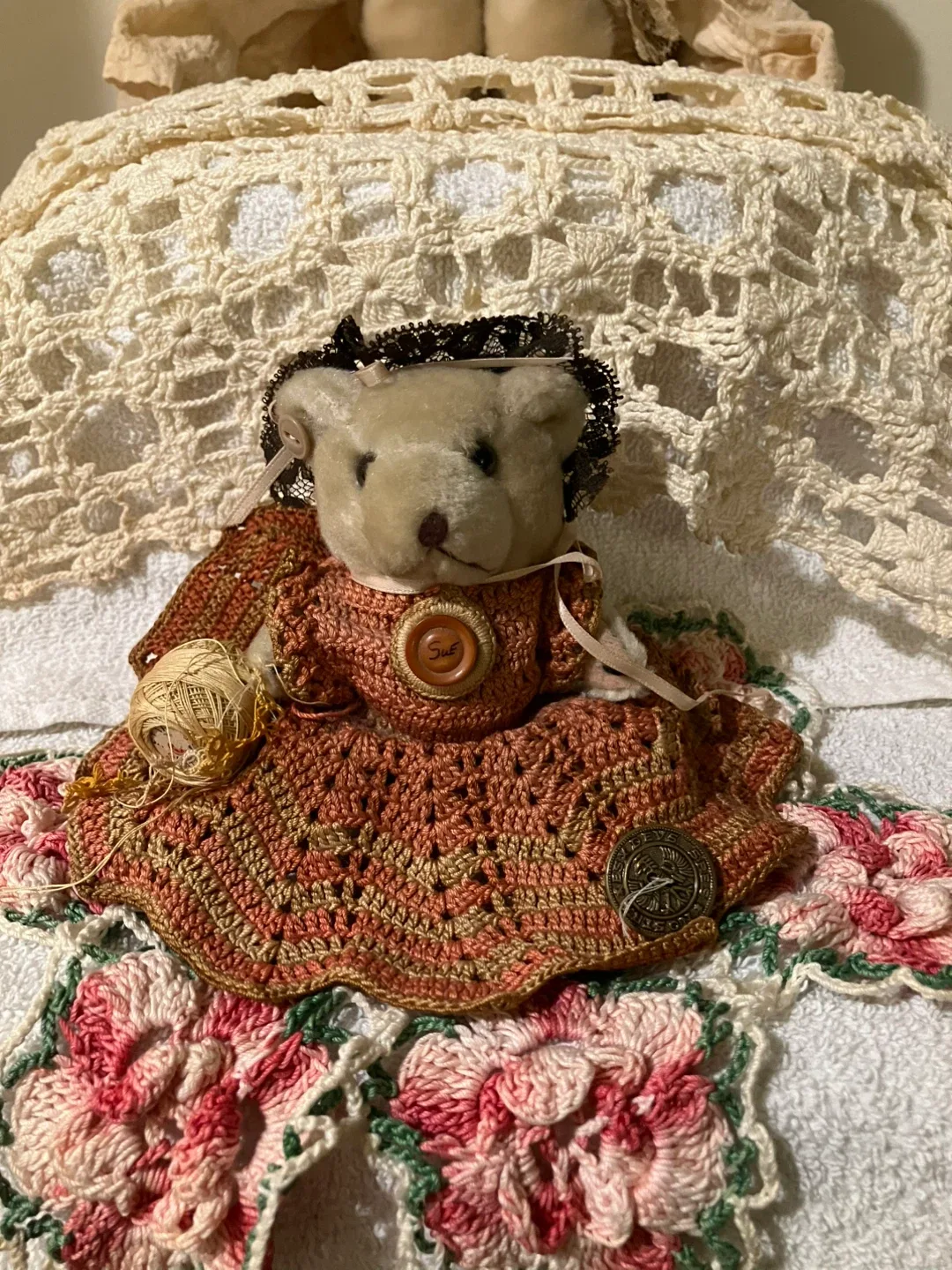 2 Collectible Stuffed Teddy Bears with handmade runner and doily image indicator(4)