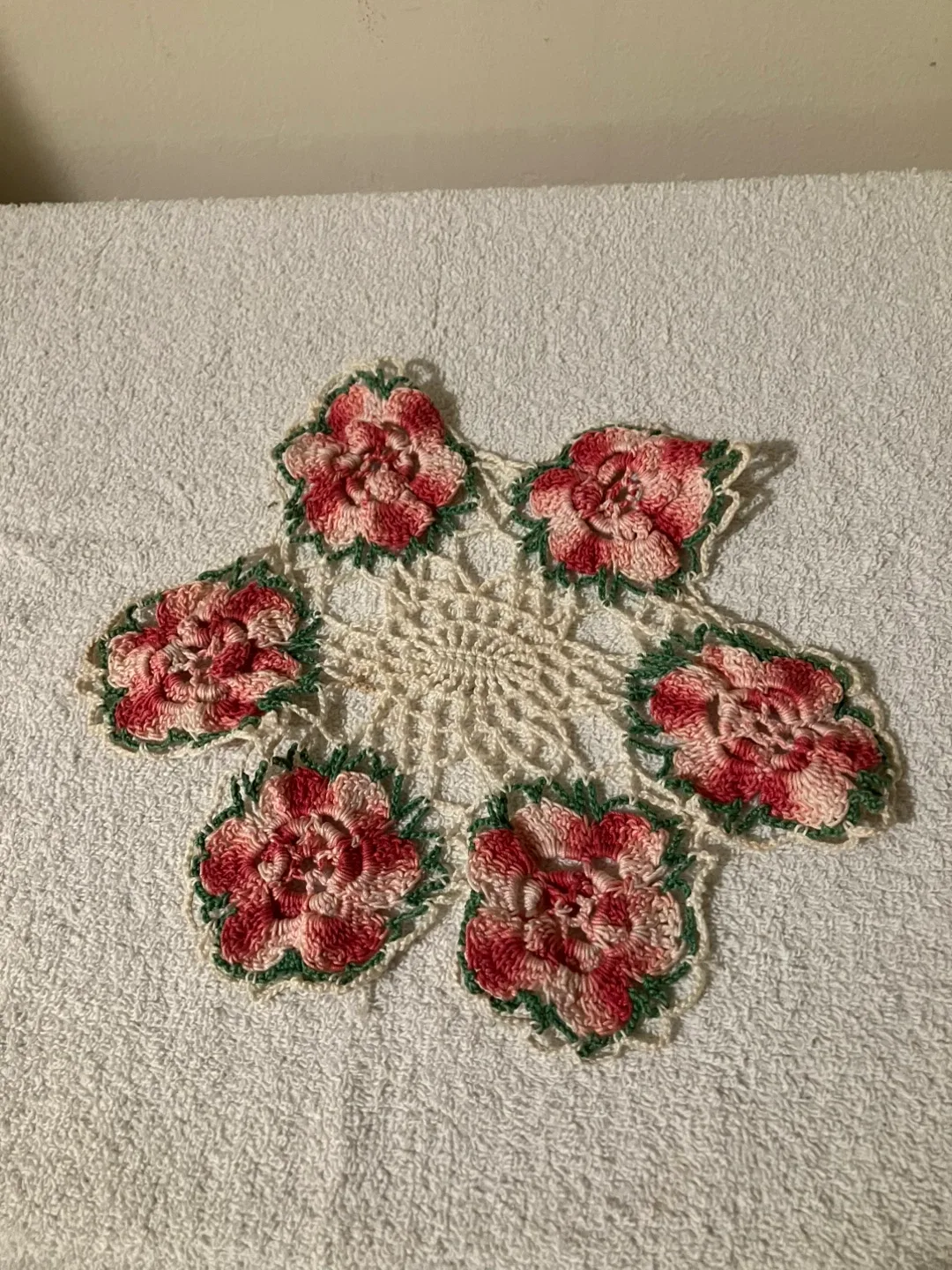 2 Collectible Stuffed Teddy Bears with handmade runner and doily image indicator(7)