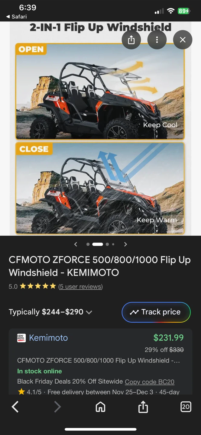 New KEMIMOTO CFMOTO ZFORCE Flip Up Windshield