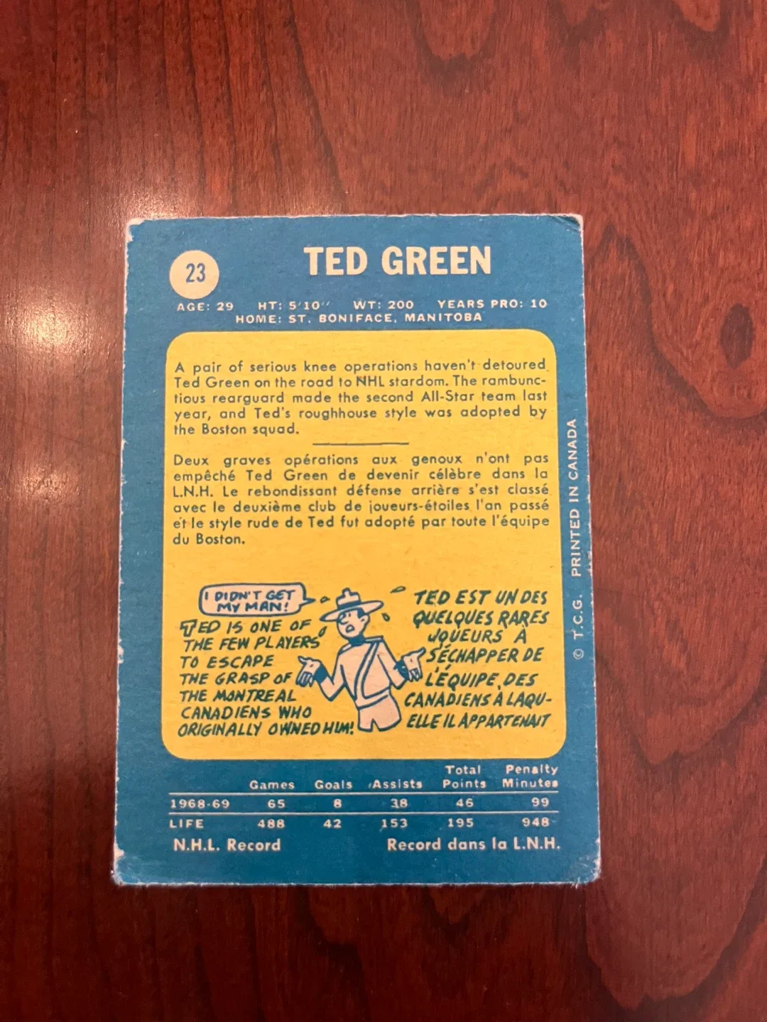 1969-70 OPC O PEE CHEE NHL HOCKEY #23 TED GREEN image indicator(2)