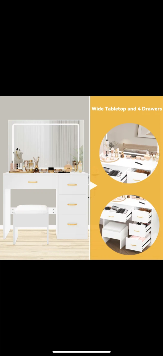 White Vanity Table with Lighted Mirror & Stool - photo 4