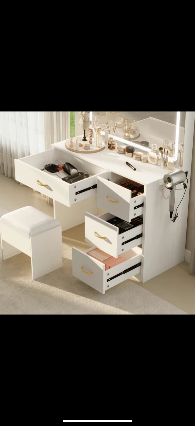 White Vanity Table with Lighted Mirror & Stool - photo 3