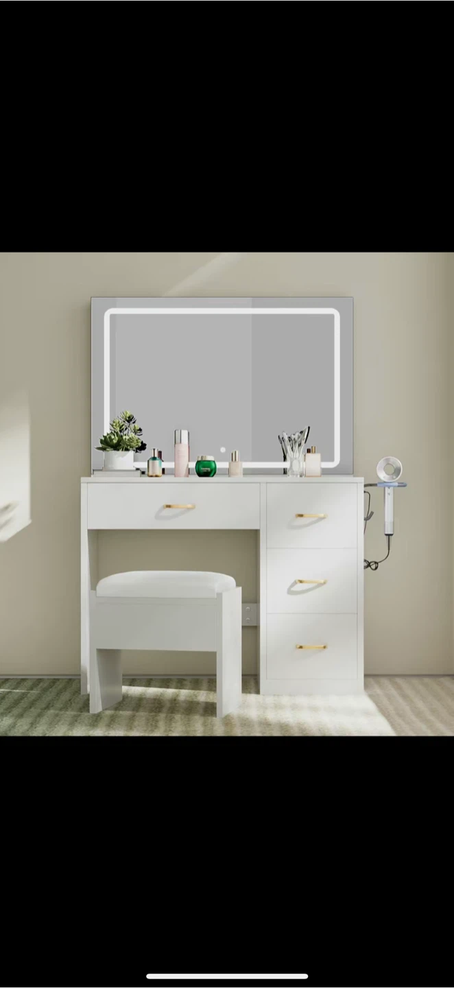 White Vanity Table with Lighted Mirror & Stool