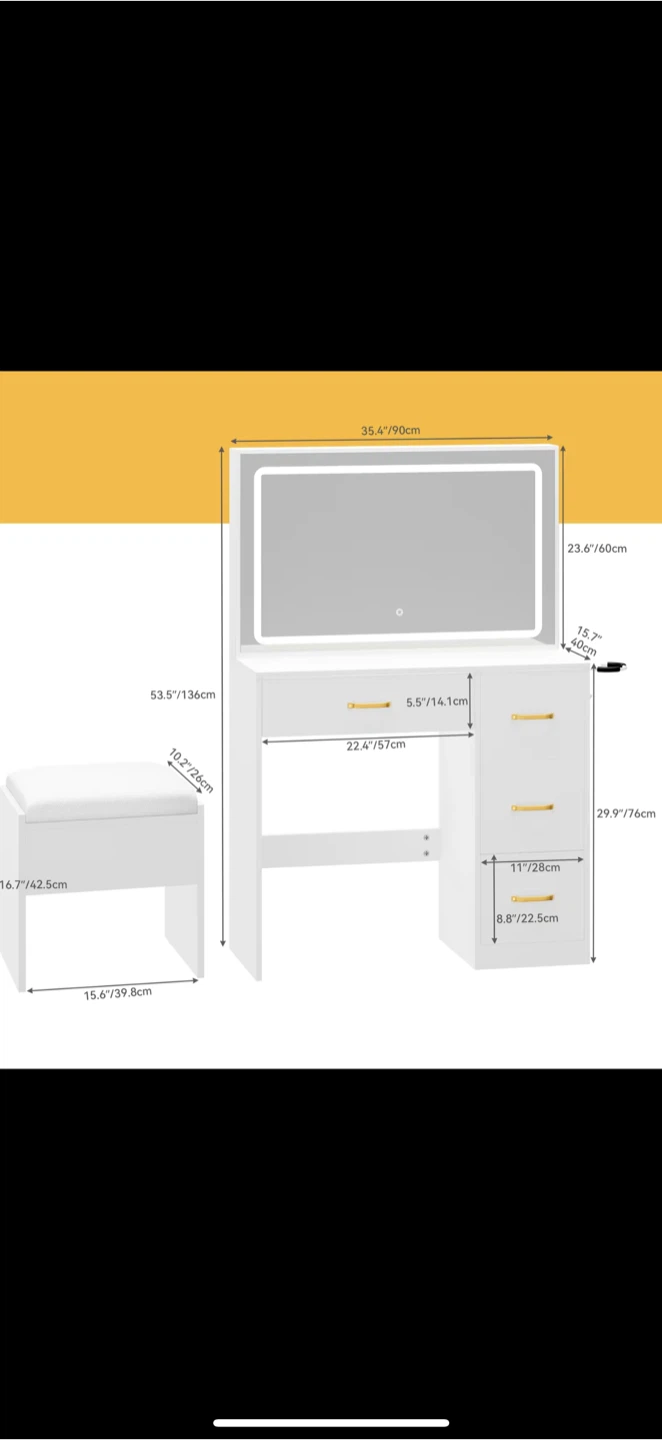 White Vanity Table with Lighted Mirror & Stool - photo 2