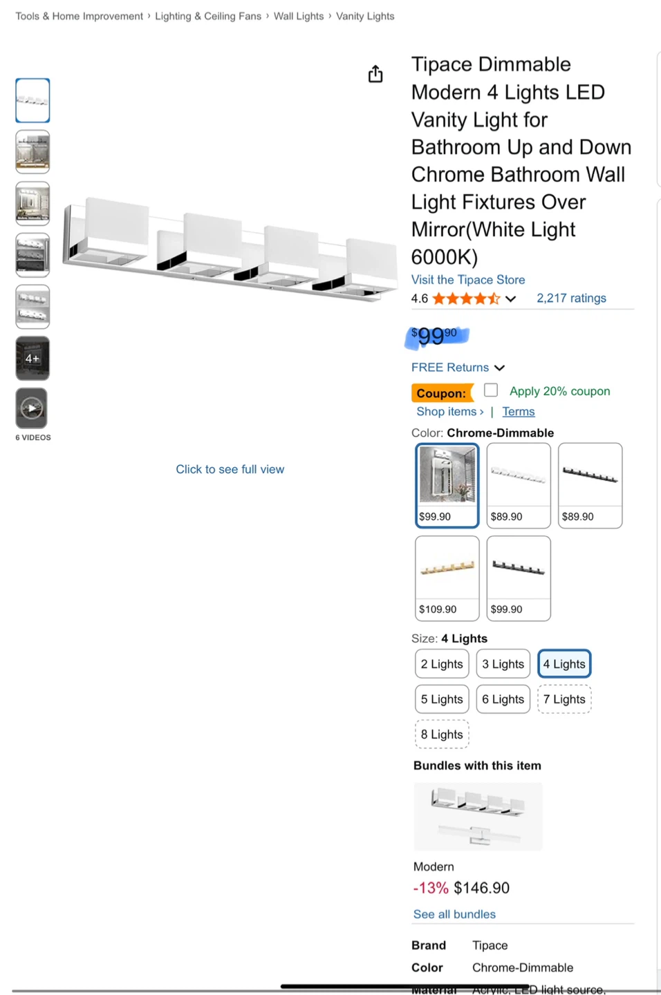 Tioace Dimmable Modern 4 Lights LED Vanity Light - NEW