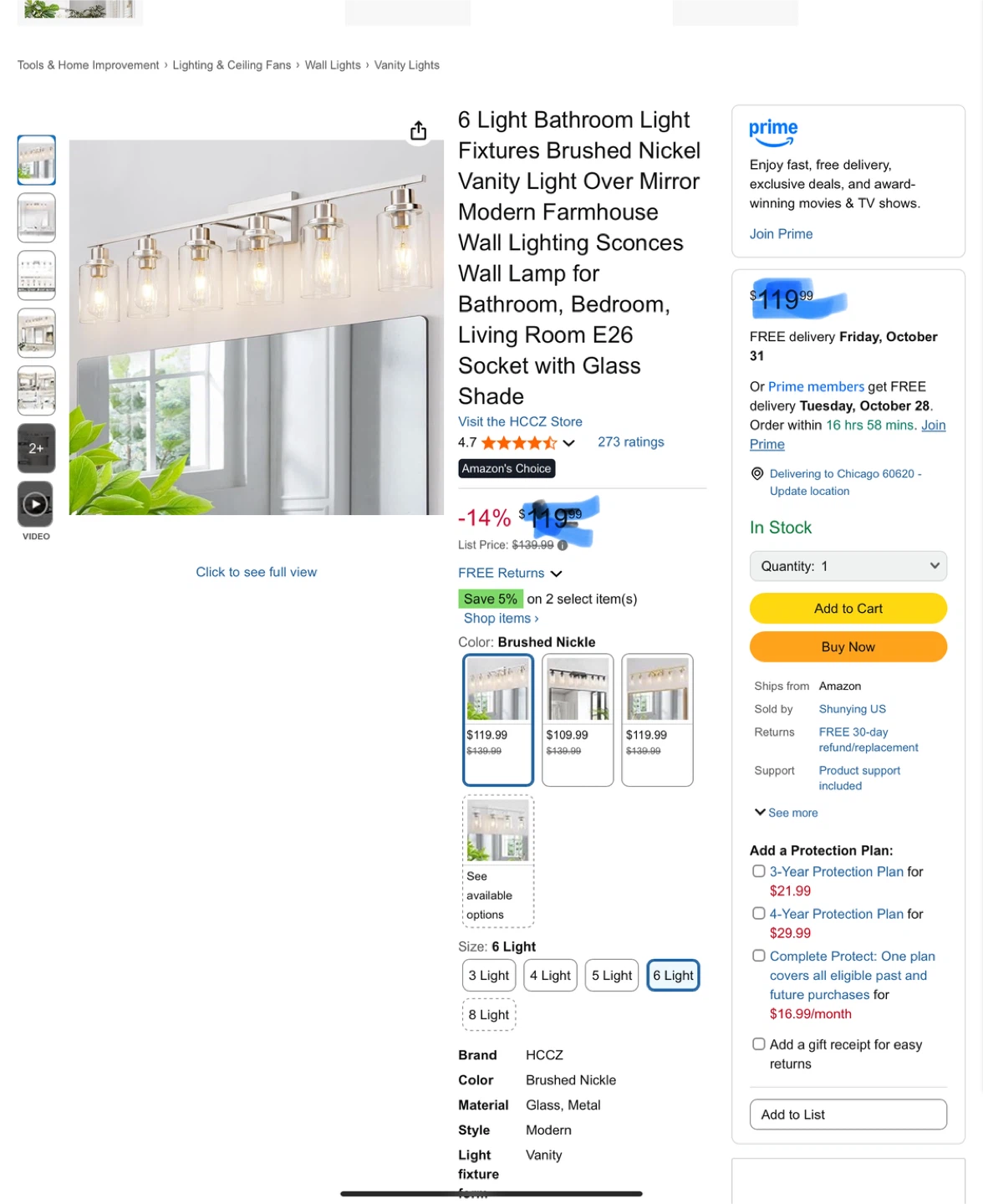 6-Light Bathroom Vanity Light Fixture - Brushed Nickel - photo 3