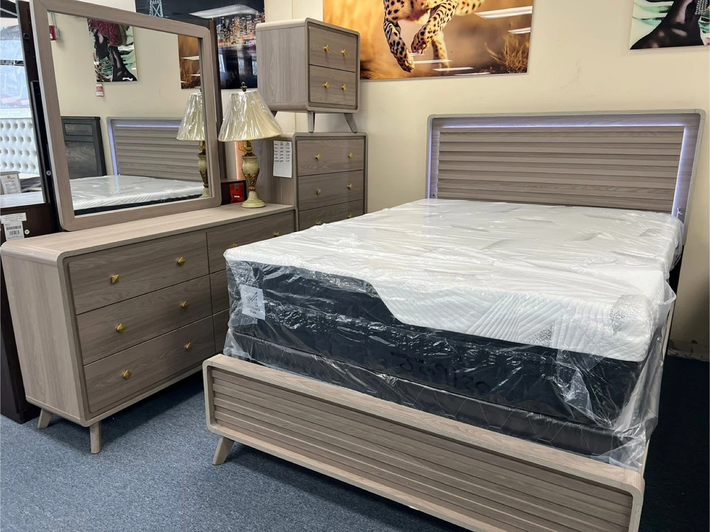 Bedroom Set with Bed, Dresser, Mirror