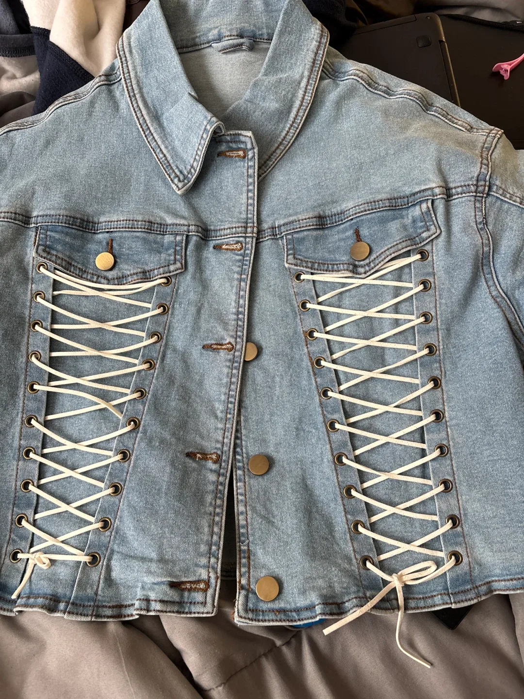 Denim Jacket with Lace-Up Detail