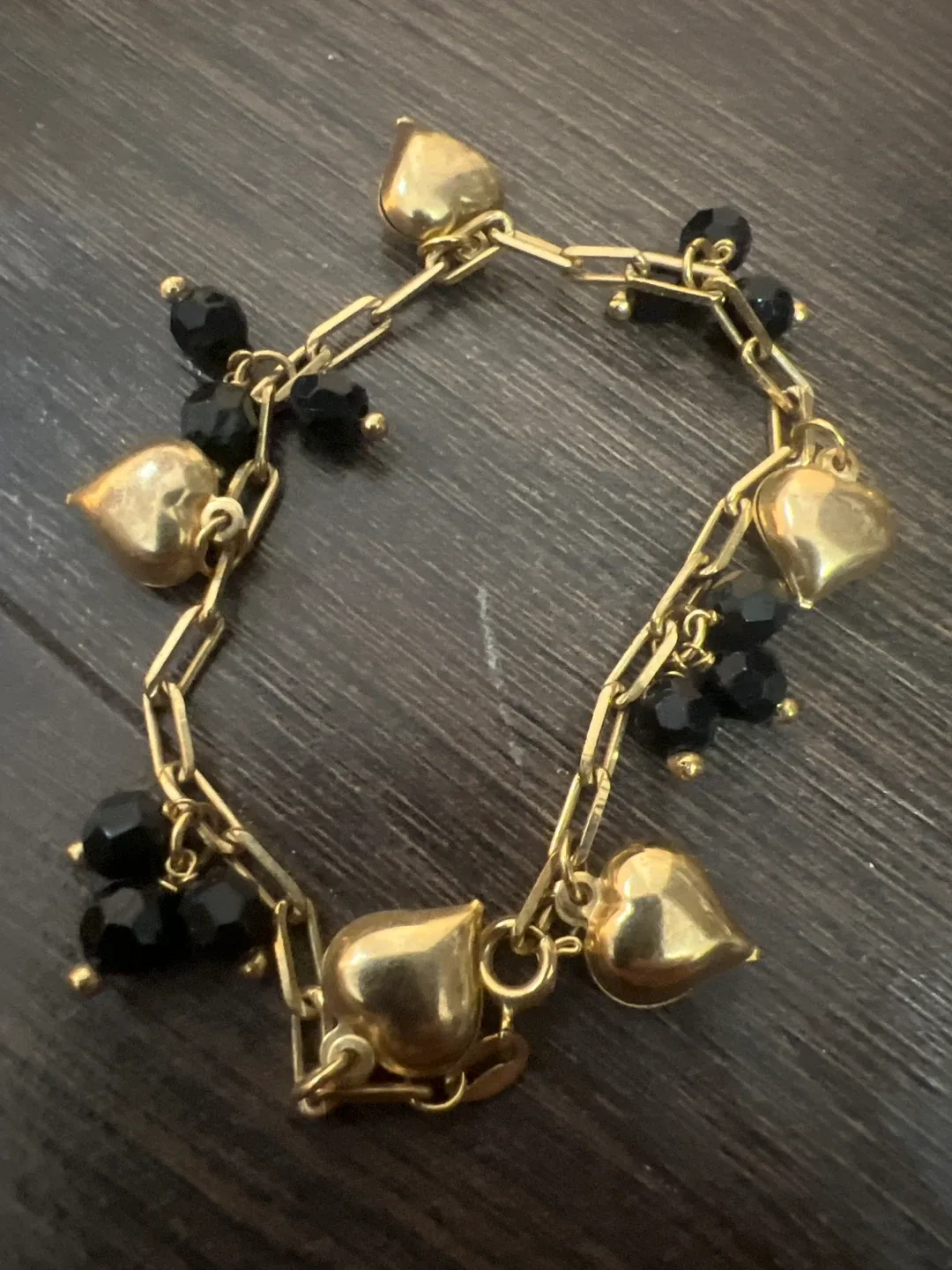 Gold Tone Heart & Black Bead Bracelet