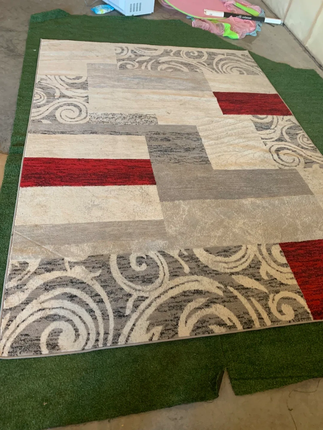 Area Rug - Red, Grey, and Beige