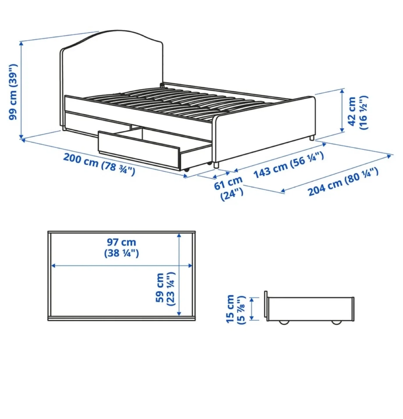 IKEA Grey Upholstered Bed Frame with Storage - W/WO Mattress image indicator(4)