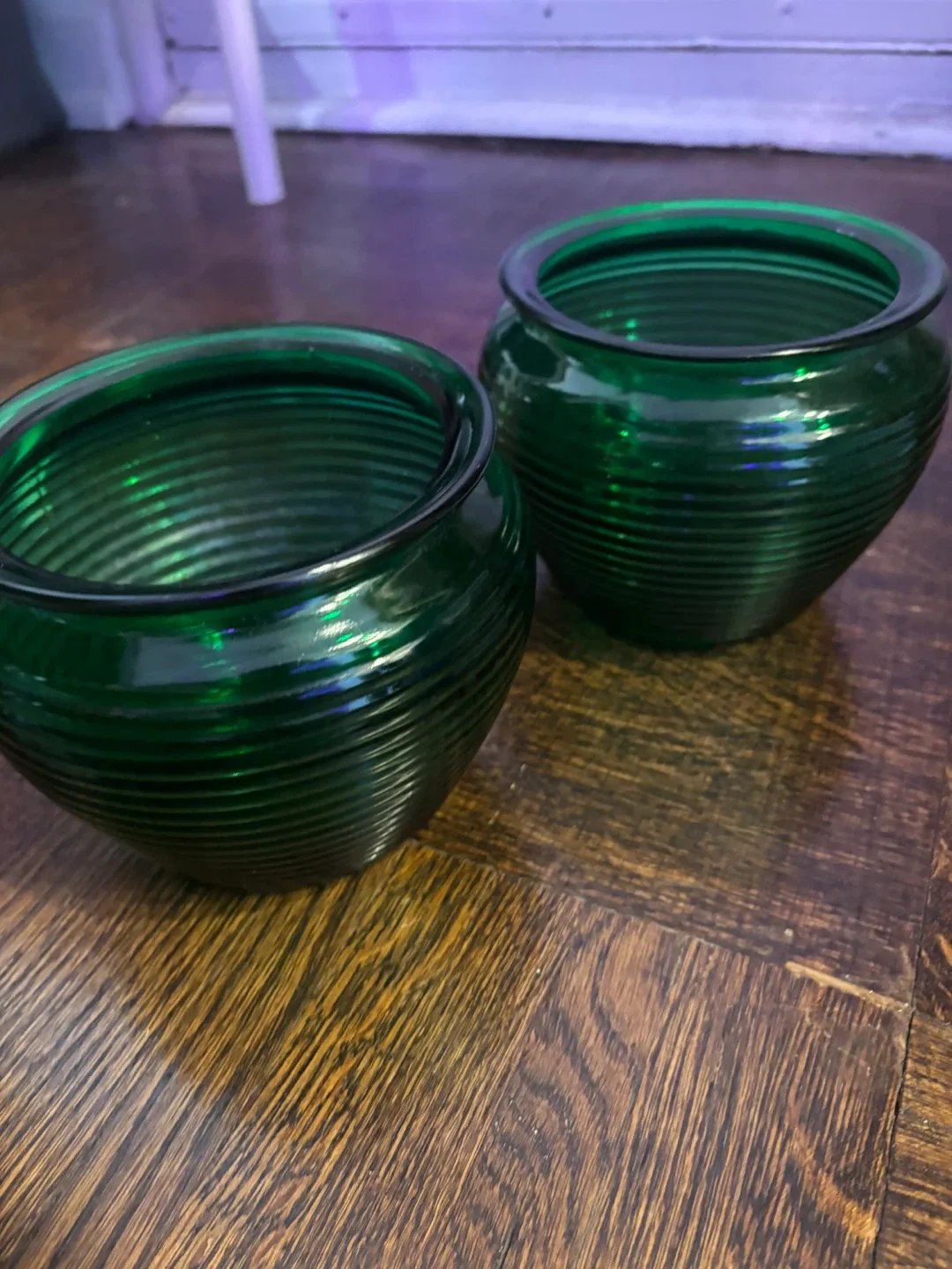 (2) Green Glass Ribbed Bowl Planter