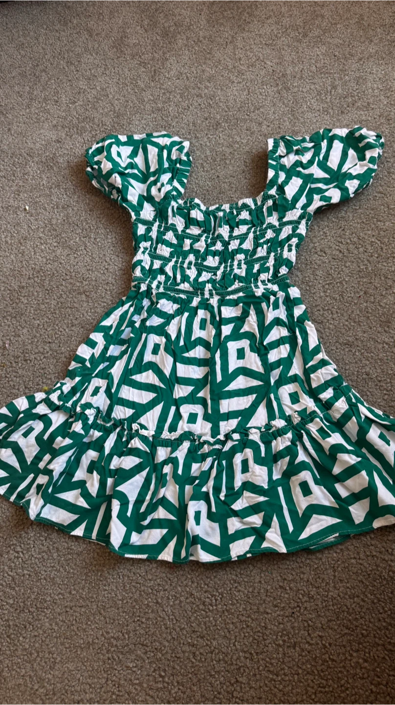 Green & White Patterned Mini Dress