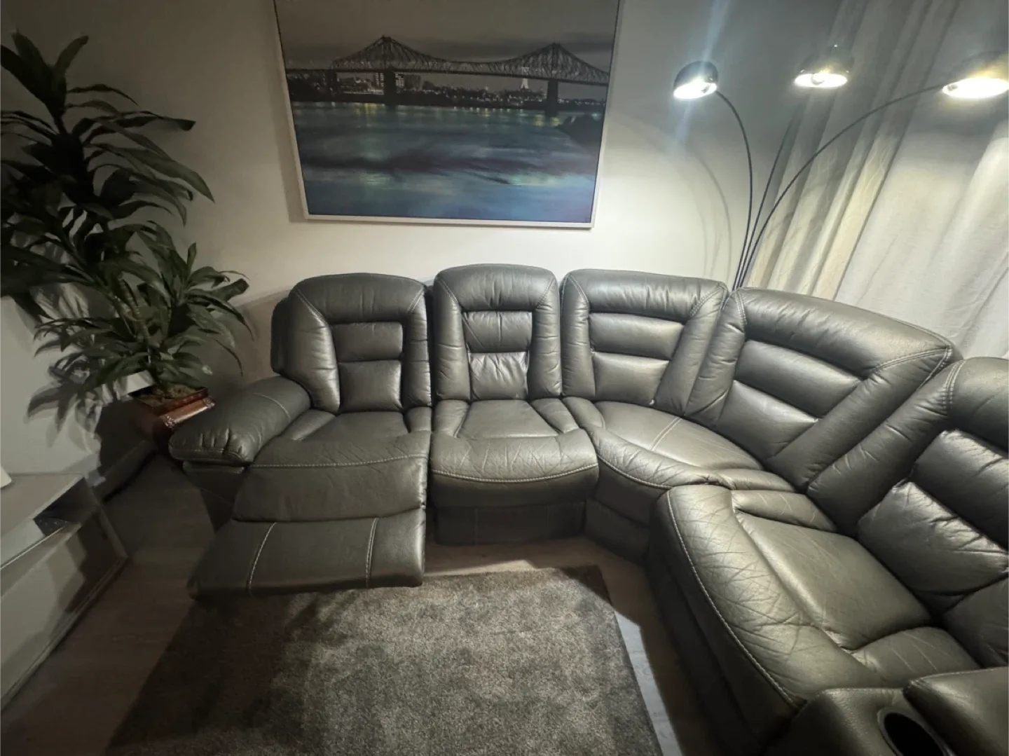 Grey Leather Sectional Sofa with Recliner image indicator(2)