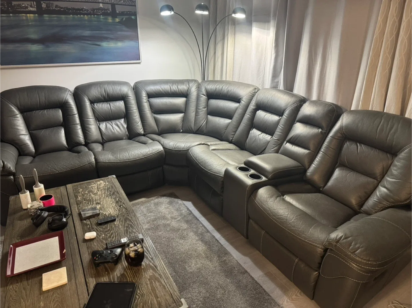 Grey Leather Sectional Sofa with Recliner image indicator(5)