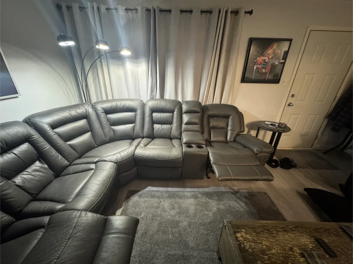 Grey Leather Sectional Sofa with Recliner image indicator(3)