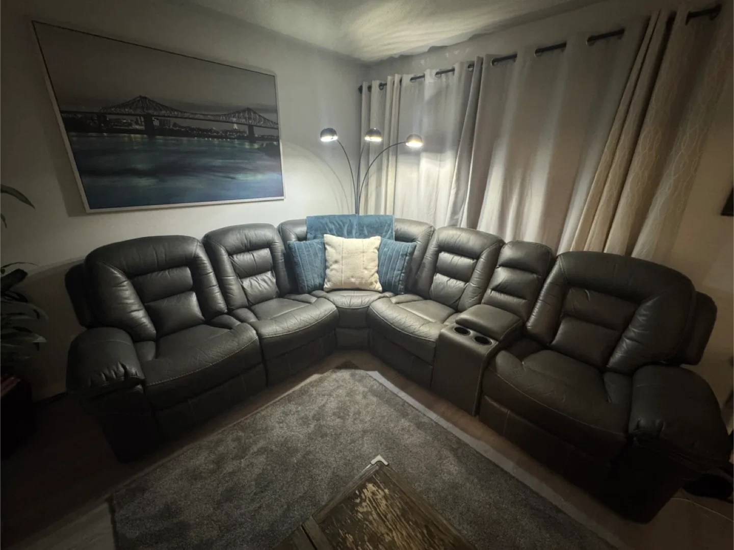 Grey Leather Sectional Sofa with Recliner