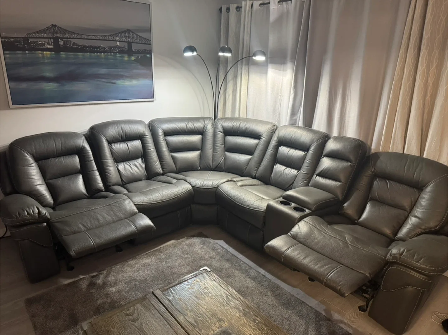 Grey Leather Sectional Sofa with Recliner image indicator(4)