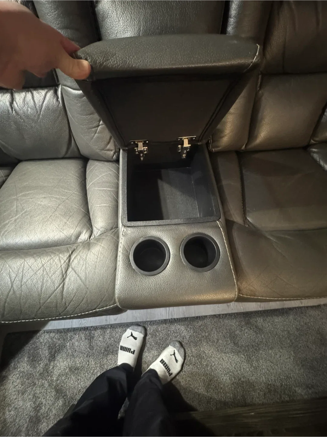 Grey Leather Sectional Sofa with Recliner image indicator(6)