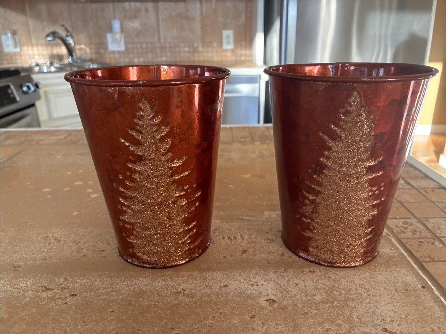 Two Gold Metal Christmas Tree plant pots