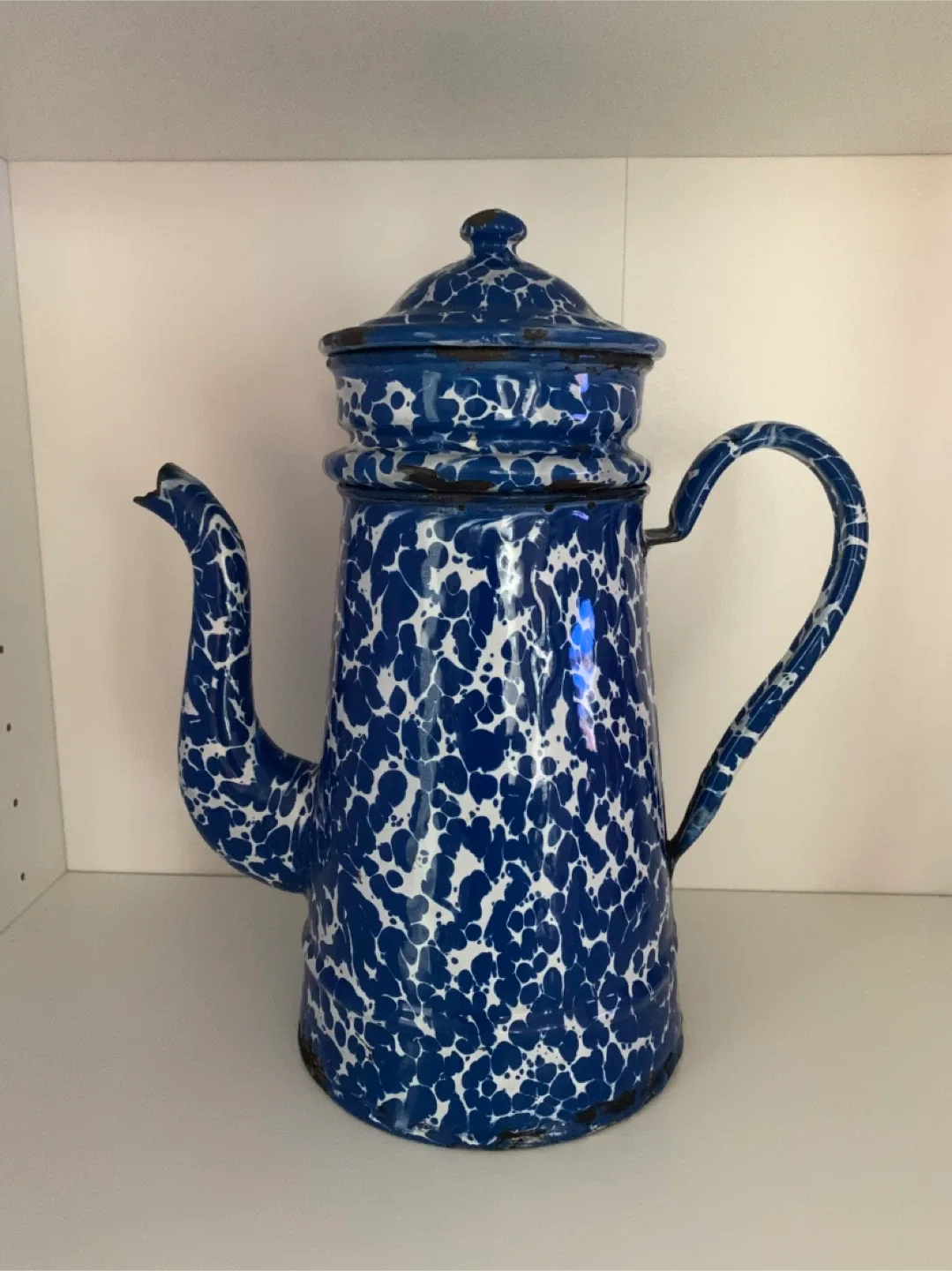 Vintage Enamel Coffee Pot Blue and White Splatter