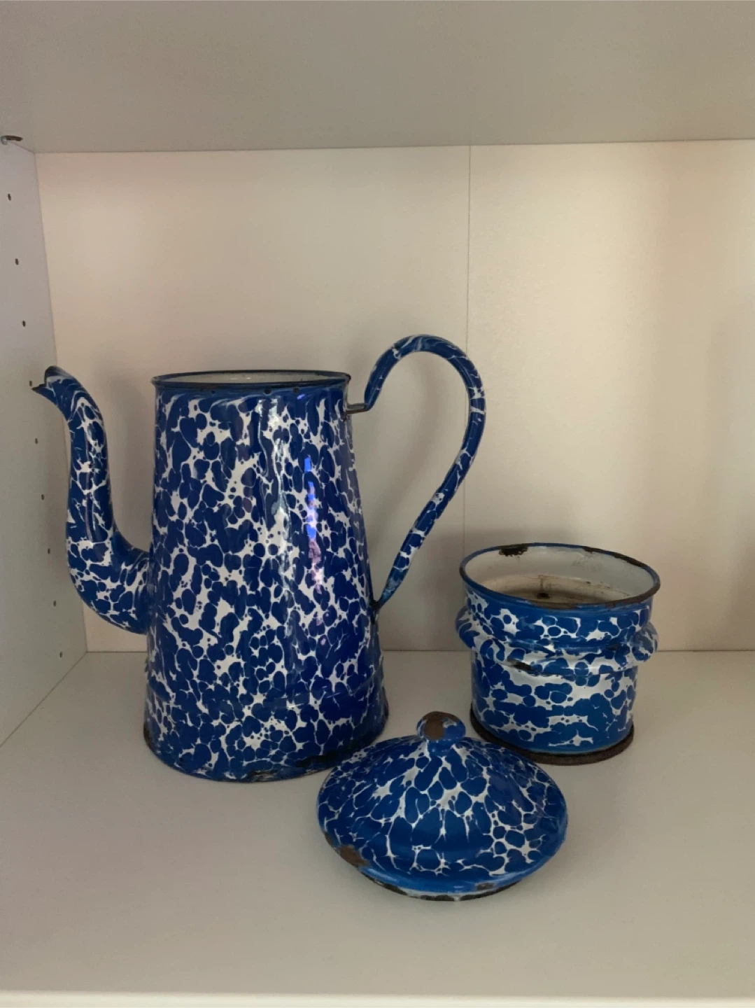 Vintage Enamel Coffee Pot Blue and White Splatter - photo 3