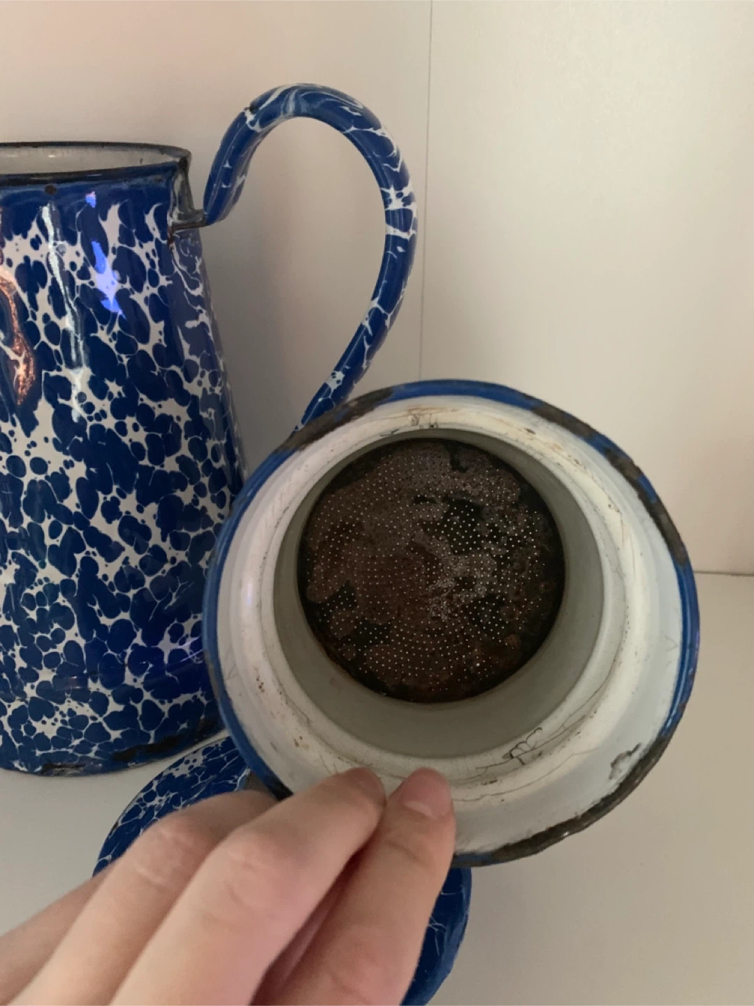 Vintage Enamel Coffee Pot Blue and White Splatter - photo 4