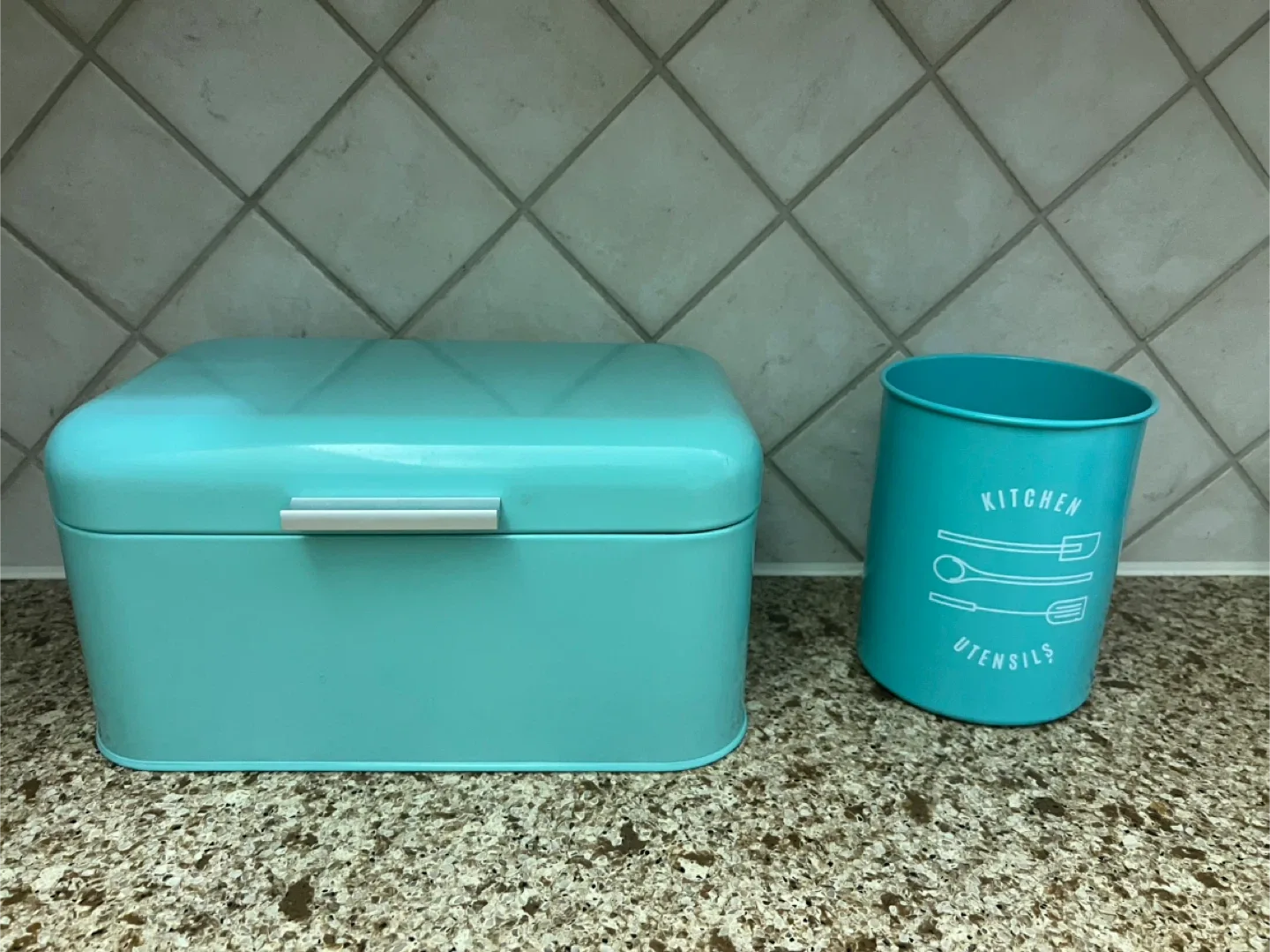 Turquoise Bread Box and Utensil Holder Set