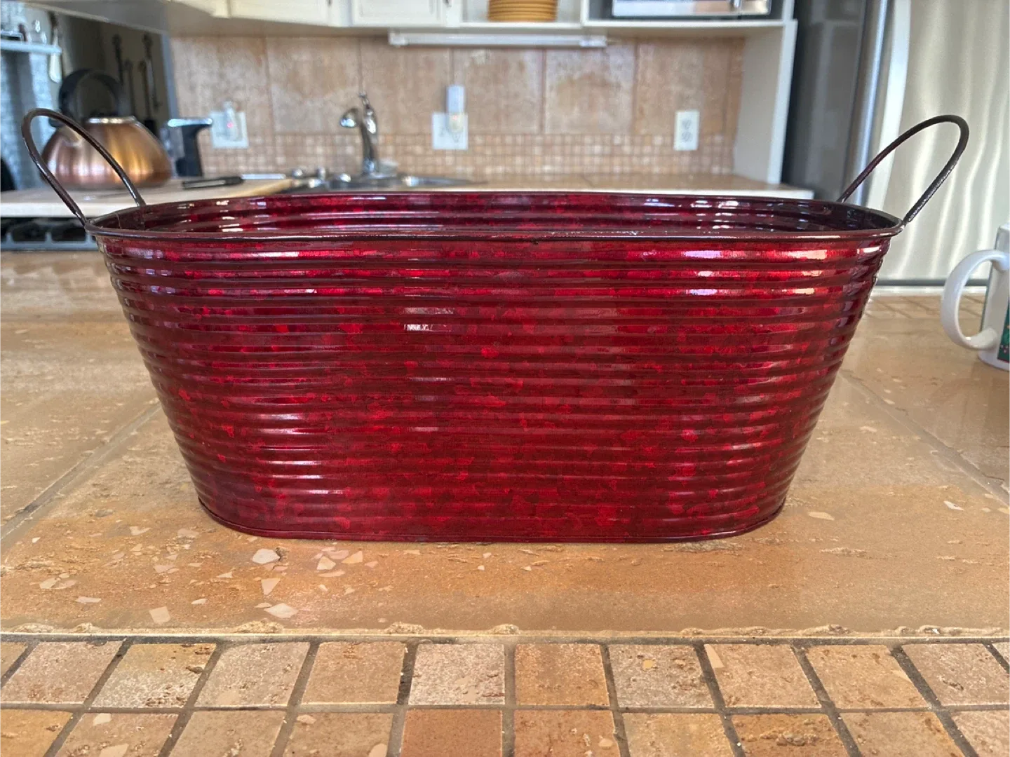 Red Metal Ribbed Tub with Handles