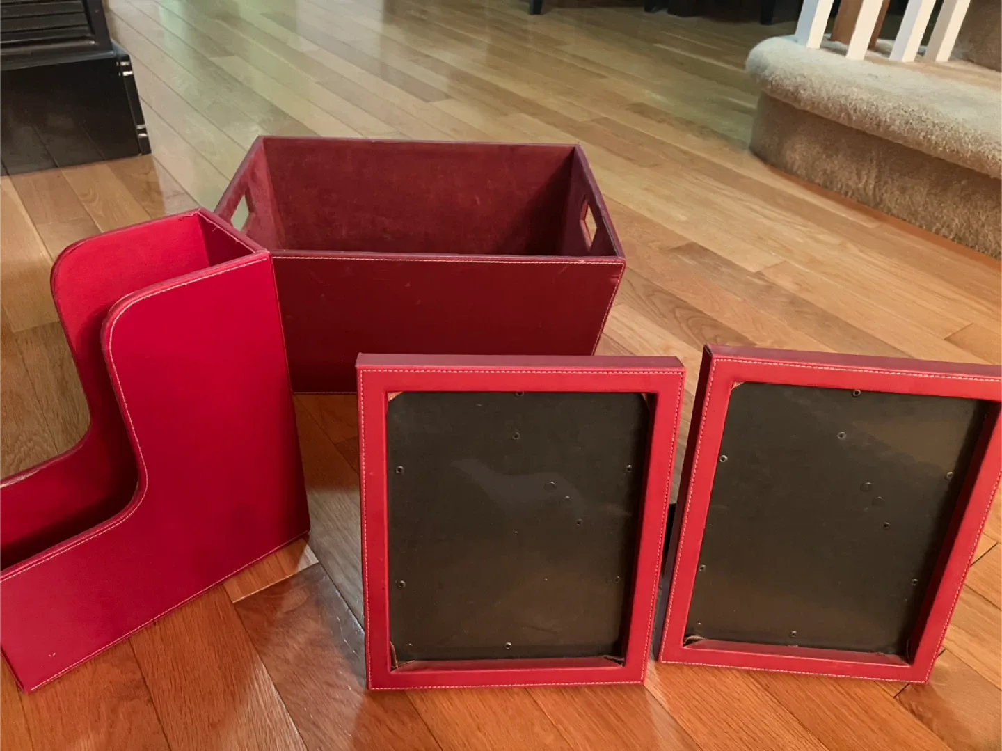 Red Faux Leather Storage Box & Picture Frames