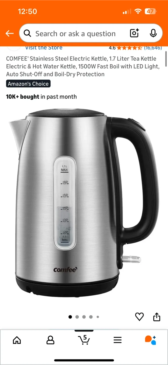 COMFEE' Stainless Steel 1.7 Liter Electric Kettle