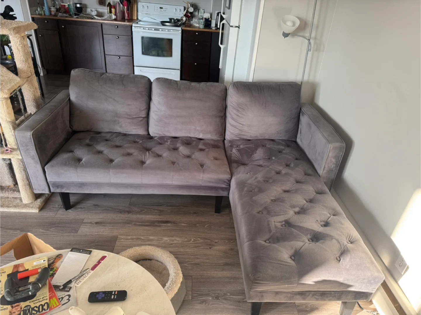 Grey Velvet Tufted Sectional Sofa