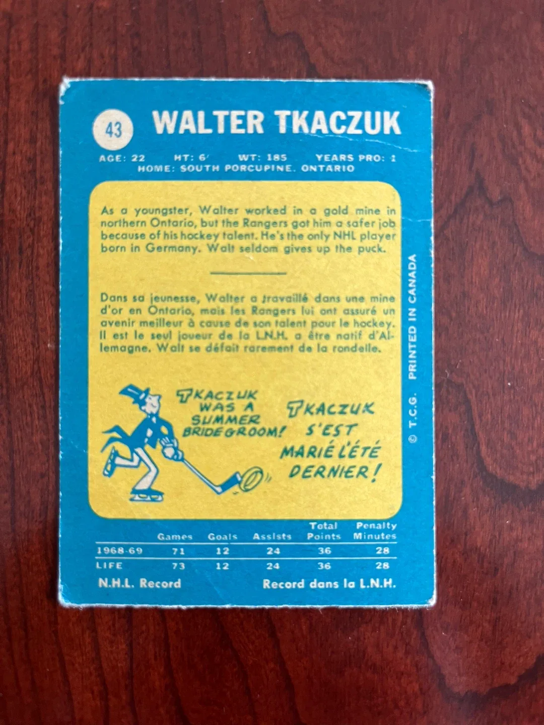 1969/70 O-PEE-CHEE NHL HOCKEY CARD #43 WALT TKACZUK image indicator(2)