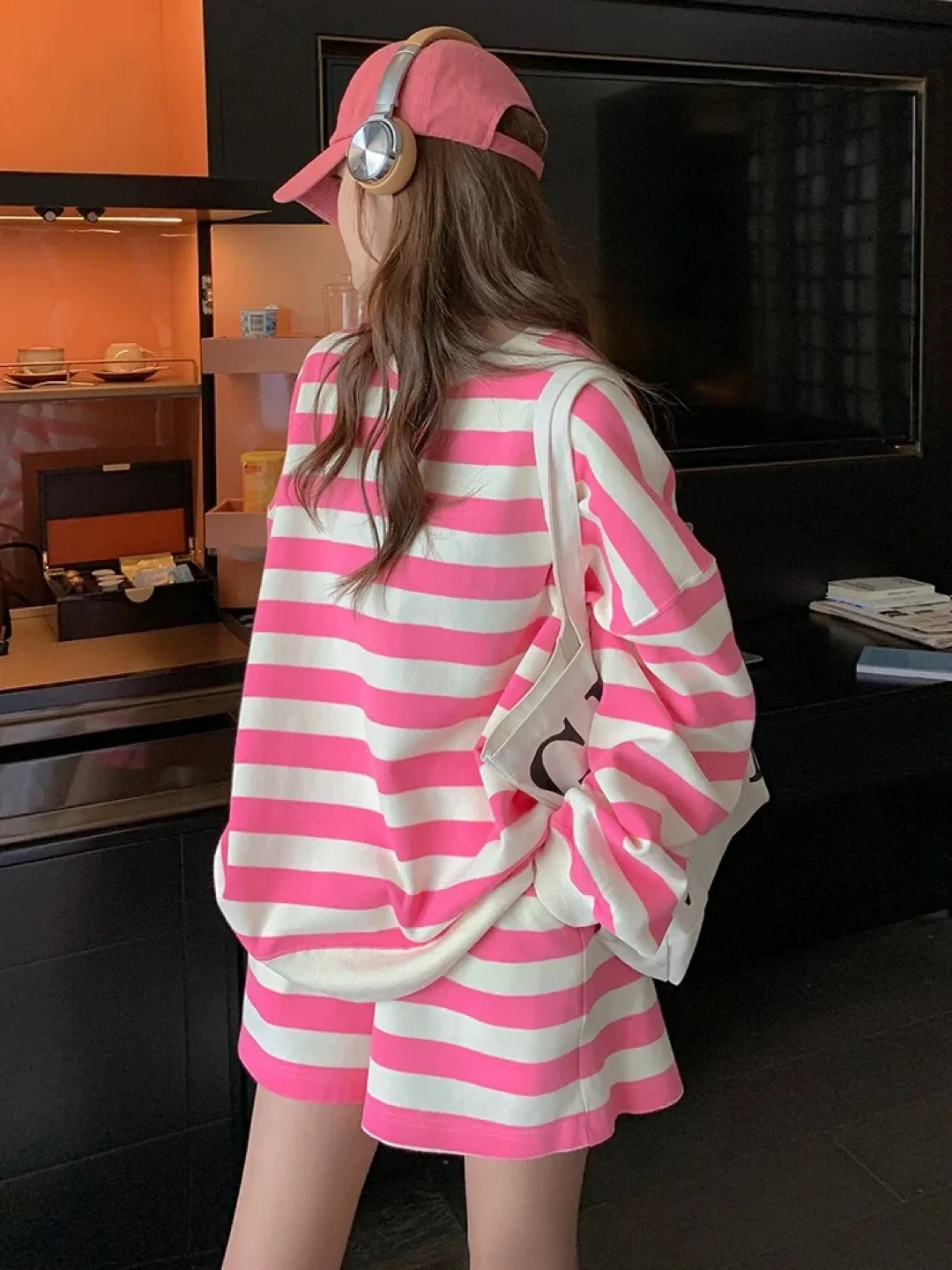 Pink & White Striped Lounge Set - Comfy & Stylish! image indicator(4)