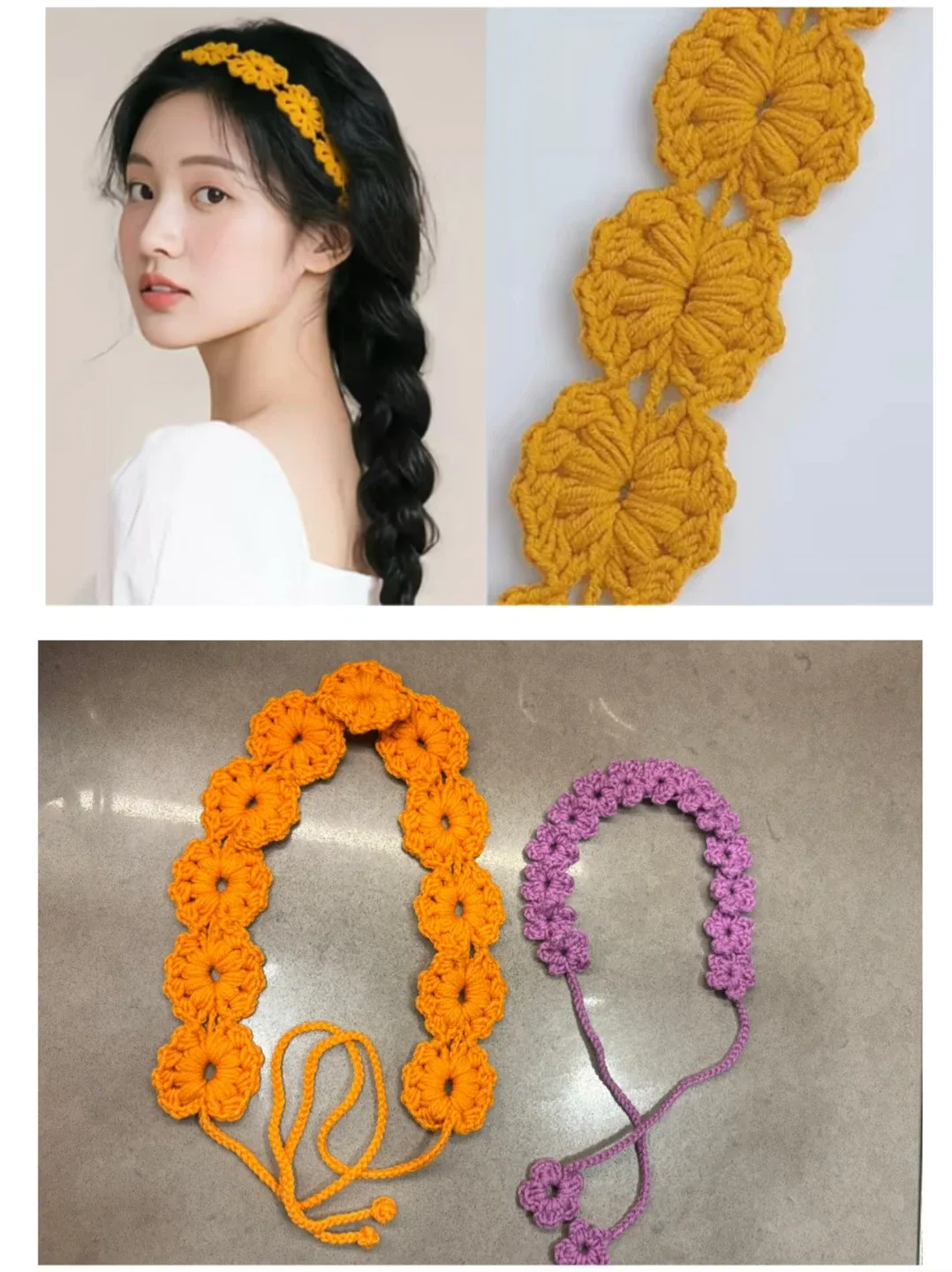 Crochet Flower Headbands with Adjustable ties- Orange & Purple