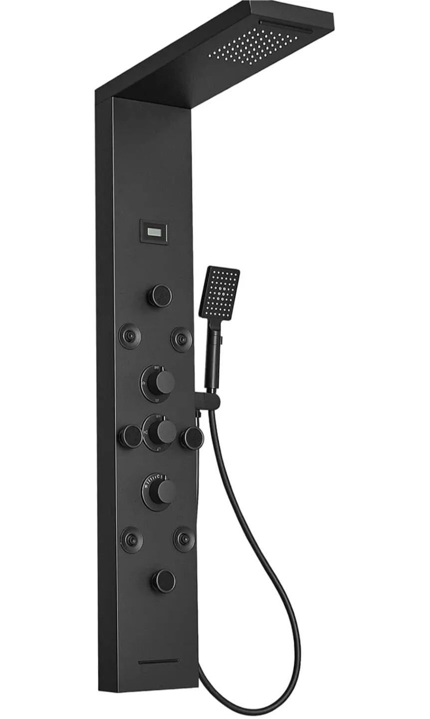 Black Shower Panel System with Rainfall Waterfall Head